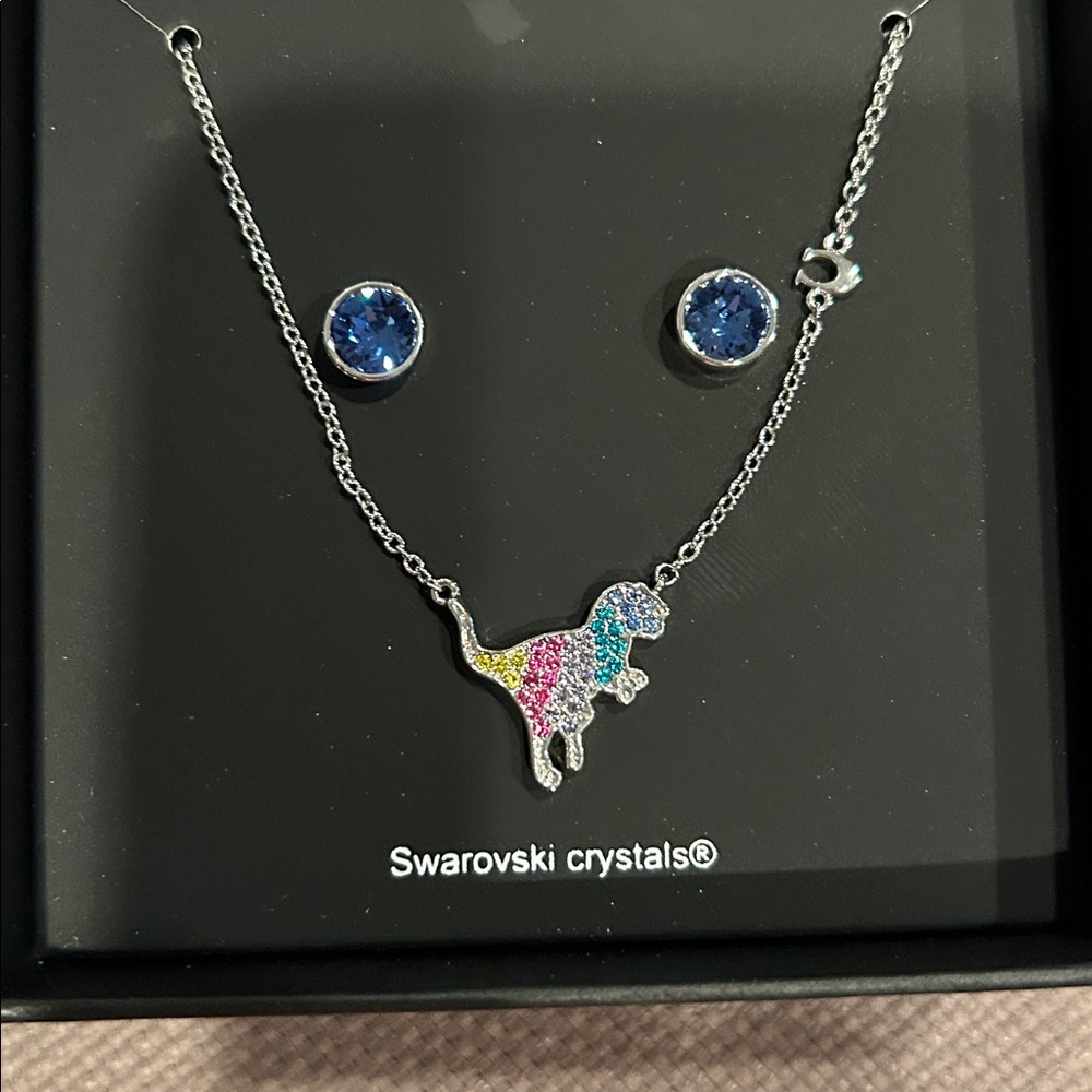 Coach Swarovski Multicolor Dinosaur Necklace and Blue Earrings Set